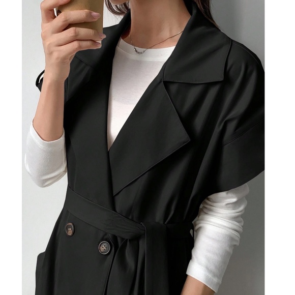 Classic Solid Double Button Pockets Cuff Short Sleeve Trench Coat - Picture 8 of 10